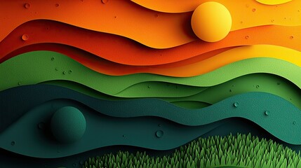 Aufkleber - Waves of color create a vibrant landscape with sun and grass in a modern paper art style