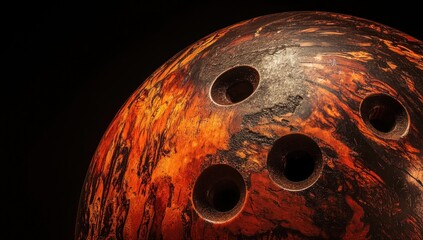 Poster - Close-up of a worn bowling ball with finger holes against a black background.