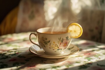 Poster - Steaming floral teacup with lemon slice on saucer.