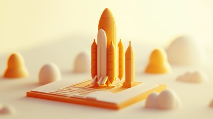 Poster - Stylized 3D render of a rocket on a launchpad.