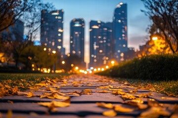 Poster - Autumn leaves on pathway with city skyline at dusk.