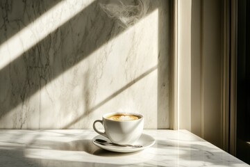 Poster - Steaming latte art in a white cup on marble, sunlit.