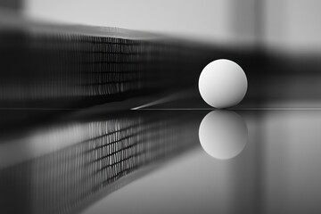 Aufkleber - Close-up of a ping pong ball on a reflective table with a blurred paddle in the background.