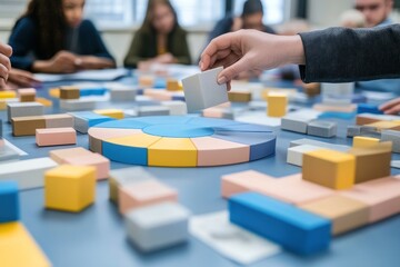 Aufkleber - Hand placing cube on colorful blocks during a meeting.