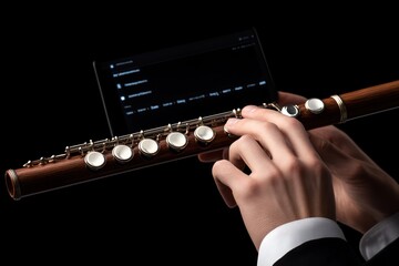 Poster - Close-up of hands playing flute with digital sheet music on tablet.