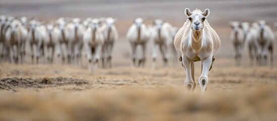Aufkleber - White Bactrian camel leading a herd across a vast, dry landscape.