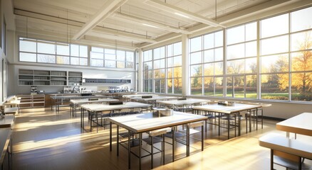 Poster - Sunlit modern classroom with large windows overlooking autumnal landscape.