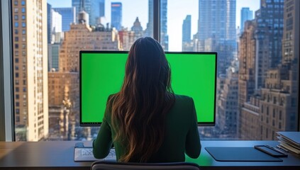 Aufkleber - Woman working at computer with green screen, overlooking city.