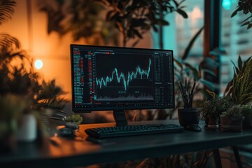 Poster - Stock market data displayed on a computer screen surrounded by plants.