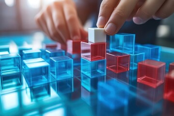 Poster - Close-up of hands arranging colorful blocks on a glass surface, representing strategic planning or problem-solving.