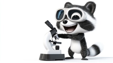 Poster - Happy cartoon raccoon scientist using a microscope.