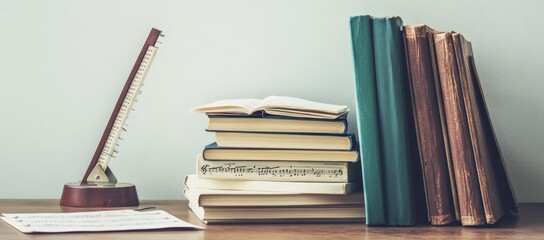 Poster - Books, metronome, and sheet music on a wooden table.