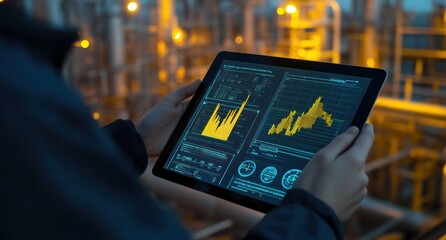 Leinwandbilder - Person reviewing data graphs on tablet at industrial plant at night.