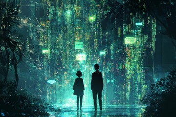 Canvas Print - Silhouetted figures gaze at glowing, futuristic city.