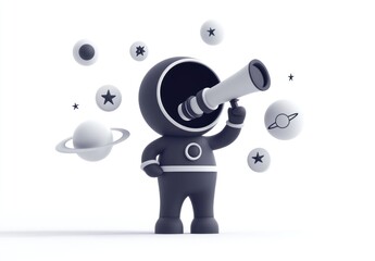 Poster - Cute astronaut using telescope, exploring planets and stars.