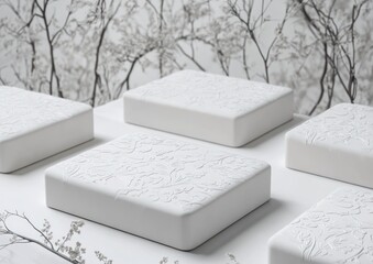 Aufkleber - White textured blocks arranged on a white surface with branches in the background.
