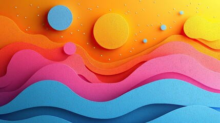 Fototapete - Abstract design featuring colorful layered waves and spheres against a vibrant orange background