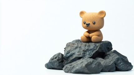 Poster - Cute cartoon bear figurine sitting atop a pile of dark gray rocks against a white background.