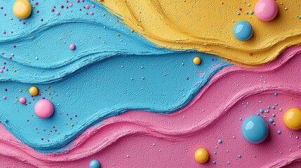 Poster - Colorful abstract design featuring vibrant waves of blue, pink, and yellow with playful round shapes and sprinkles