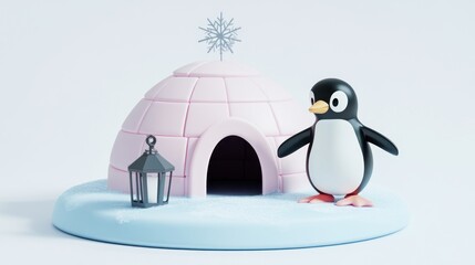 Poster - Cute cartoon penguin near pink igloo.