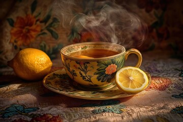 Poster - Steaming cup of tea with lemon slices on floral tablecloth.