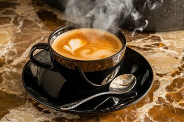 Poster - Steaming cup of latte art coffee on marble.
