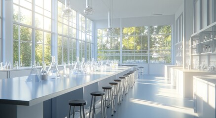 Aufkleber - Sunlit modern laboratory with glassware, tables, and stools near large windows.
