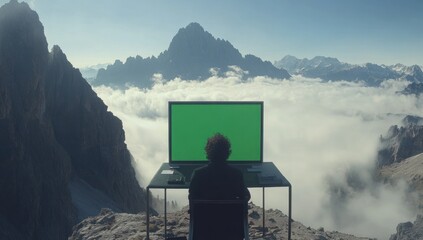 Poster - Man works on green screen laptop overlooking a mountain range and clouds.