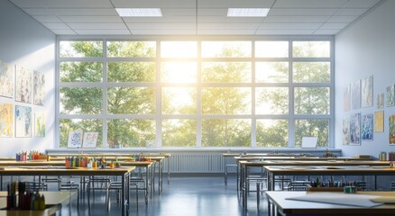Poster - Sunlit art classroom with desks, chairs, and student artwork.