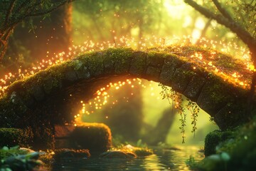 Aufkleber - Magical stone bridge in a lush forest, illuminated by sparkling lights.