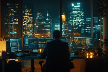 Poster - Man works late at night in a modern office overlooking a city skyline.