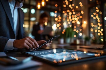 Poster - Businessman using tablet, analyzing data at night.
