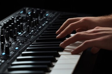 Aufkleber - Close-up of hands playing a synthesizer keyboard. (1)