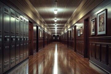 Poster - Long, dimly lit school hallway with lockers and artwork.