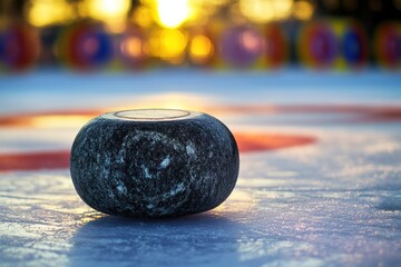 Poster - Close-up of a curling stone on ice at sunset.