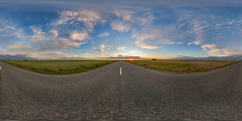 Wall Mural - spherical 360 hdri panorama on asphalt road with clouds and evening sky before sunset in equirectang