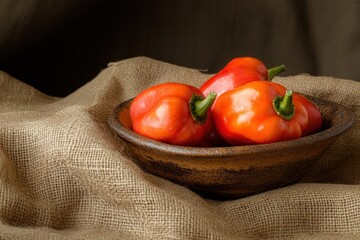 Poster - Three ripe red bell peppers in a rustic brown bowl on burlap fabric.