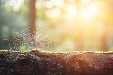 Fototapete - Dew-covered spiderweb on mossy log at sunrise.