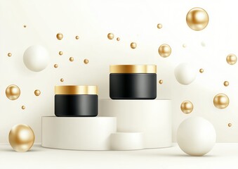 Poster - Two black cosmetic jars with gold lids on white podiums, surrounded by white and gold spheres.