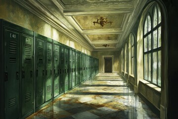 Poster - Sunlit hallway with aged green lockers and marble floor.