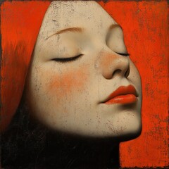 Poster - Close-up portrait of a serene woman with closed eyes, wearing a red headscarf against a textured red background.