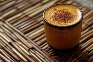 Poster - Close-up of a turmeric latte with cocoa powder on top, served in a rustic cup on a bamboo mat.