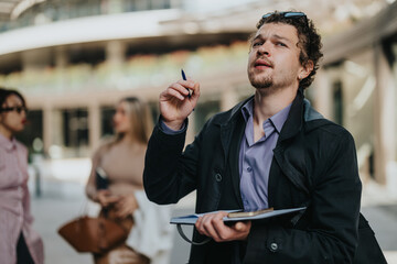 Poster - A business professional holding a pen and notebook, concentrating during an outdoor urban meeting with colleagues in the background, reflecting focus and teamwork in a corporate setting.