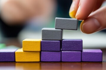 Poster - Close-up of hand placing gray block atop colorful blocks forming a staircase.