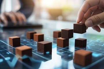 Aufkleber - Hand placing wooden block on digital screen, building structure.