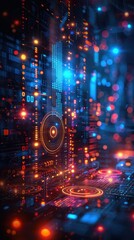 Fototapete - Abstract digital data streams, glowing circuits, and nodes.