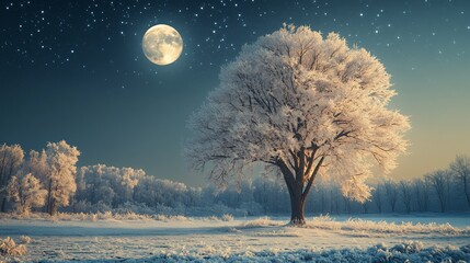 frosty winter landscape with a large tree under the full moon and starry night.