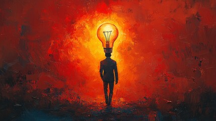 Fototapete - male silhouette merges vibrant brushstrokes and colors featuring chaotic light bulb as his head. composition captures intense energy and emotion dynamic abstract forms.