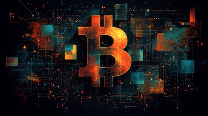 Aufkleber - striking illustration features Bitcoin symbol created various geometric shapes and patterns highlighted black backdrop emphasize modernity and creativity.