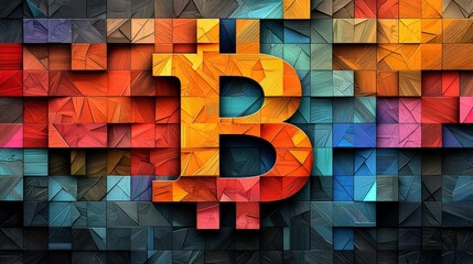 Aufkleber - Abstract design features Bitcoin symbol created geometric shapes and patterns emphasizing clean lines and vibrant color palette sleek black backdrop.